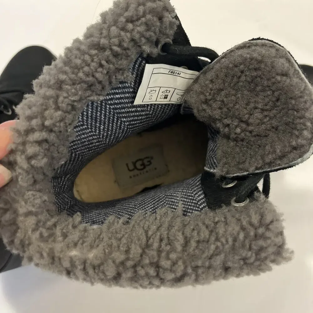 UGG Australia Winter Boots Women's Size 7 Zea Wedge Black Leather Sheepskin Cuff